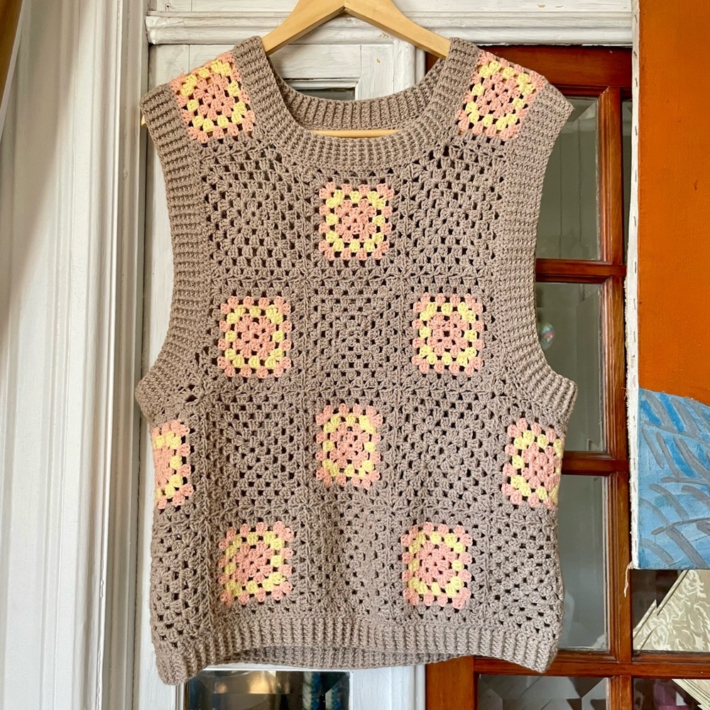 Crochet Cotton Granny Square Sweater Vest size L/XL